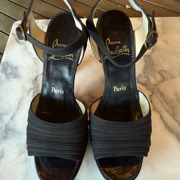 Vintage Christian Louboutin Black Pleated satin Peep-Toe Heels w/ ankle strap 36